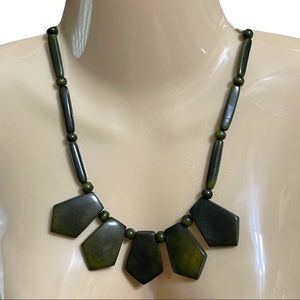 Necklace Dark Green Marbled Acrylic Pentagon Shaped Barrel Clasp 18"